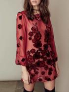 Choies Red Floral Print Long Sleeve Chiffon Dress With Cami Lining