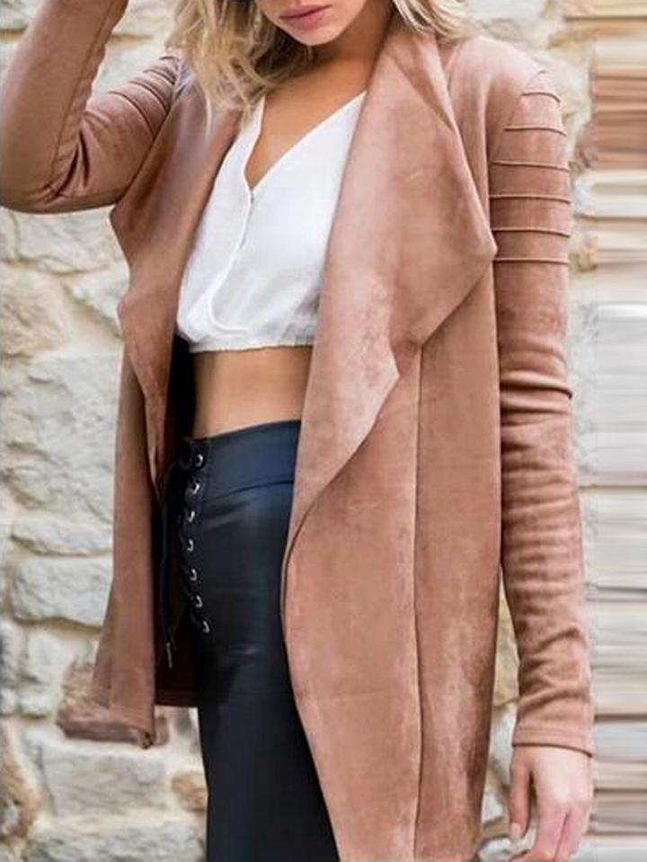Choies Pink Faux Suede Lapel Zip Cuff Long Sleeve Coat
