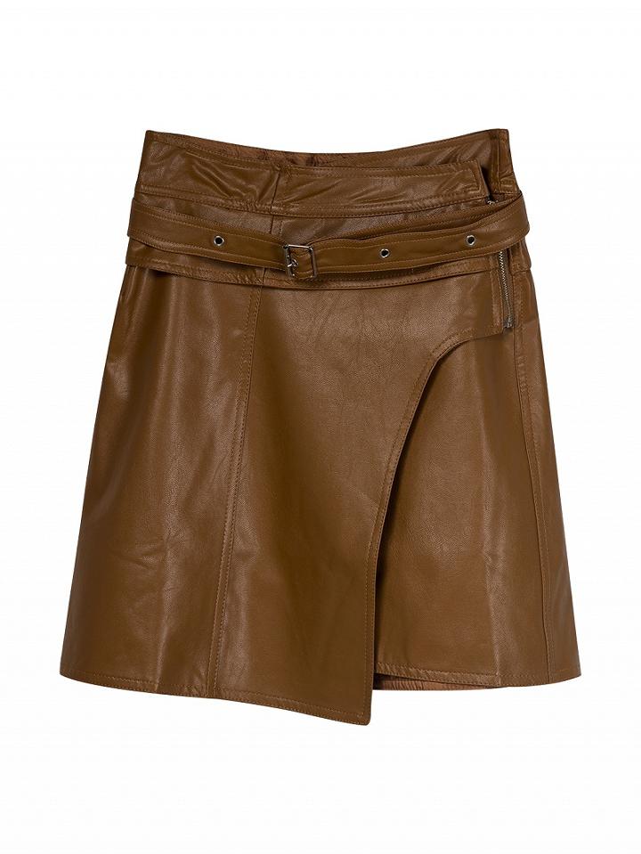 Choies Brown High Waist Buckle Strap Asymetric Hem Pu Mini Skirt