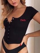 Choies Black Letter Embroidery Button Placket Crop T-shirt