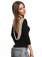 Choies Black Crochet Lace Trim Backless Long Sleeve T-shirt