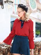 Choies Red Bow Tie Front Ruffle Trim Flare Sleeve Blouse