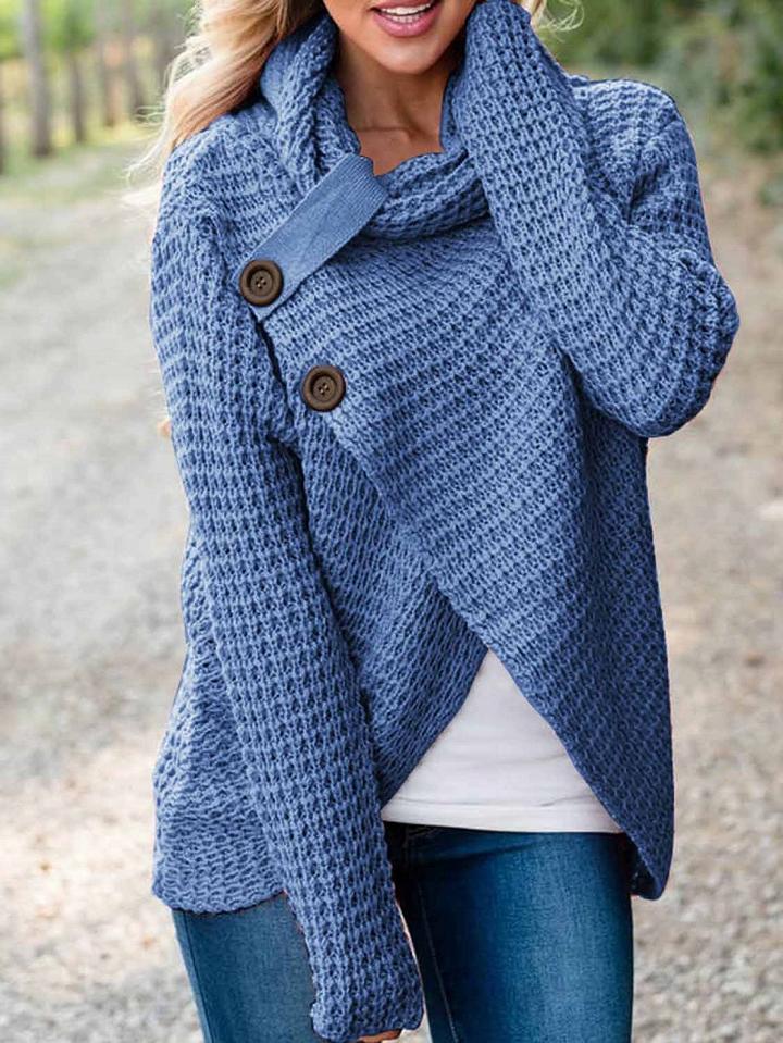 Choies Blue High Neck Asymmetric Hem Long Sleeve Women Sweater