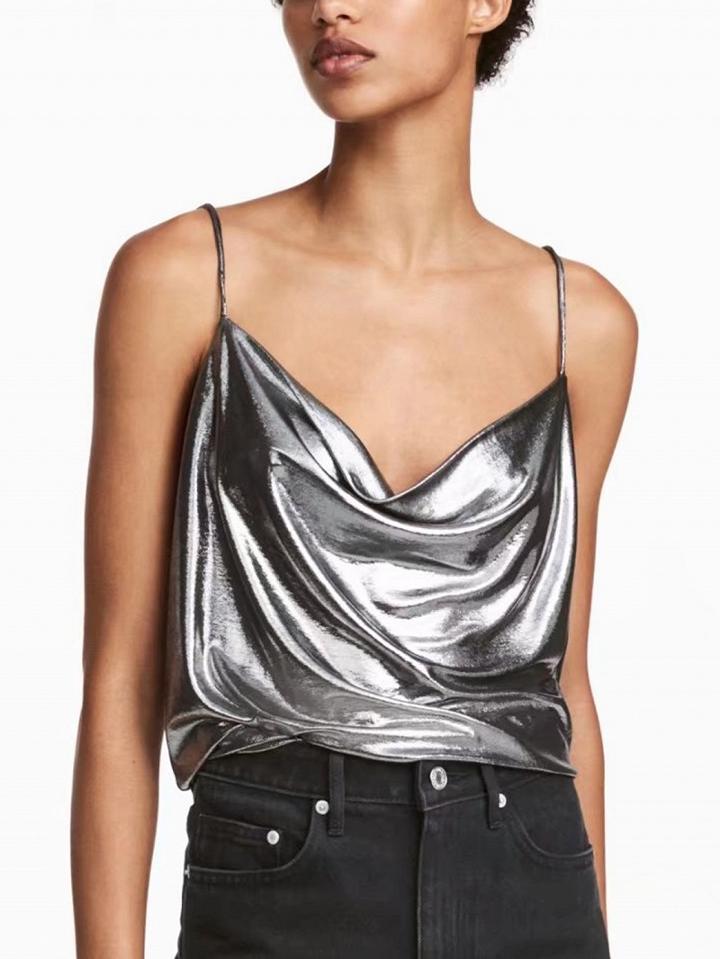 Choies Silver Spaghetti Strap Drape V-neck Metallic Tank Top