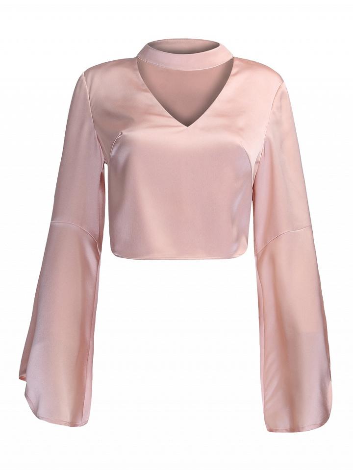 Choies Pink V-neck Choker Detail Flare Sleeve Crop Top