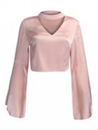 Choies Pink V-neck Choker Detail Flare Sleeve Crop Top