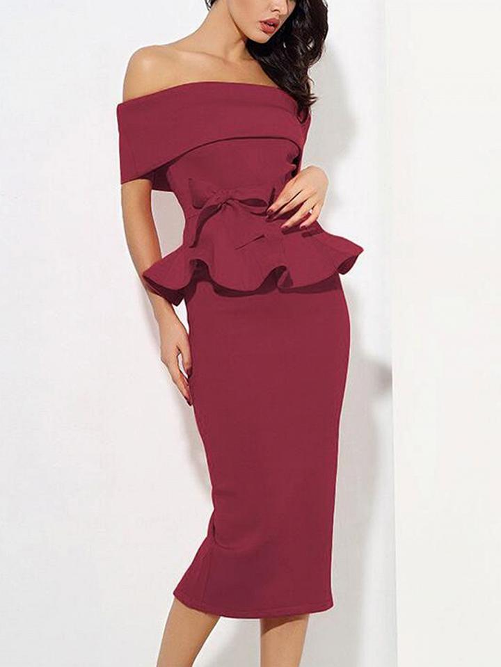 Choies Burgundy Off Shoulder Tie Back Ruffle Trim Chic Women Midi Dress