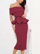 Choies Burgundy Off Shoulder Tie Back Ruffle Trim Chic Women Midi Dress