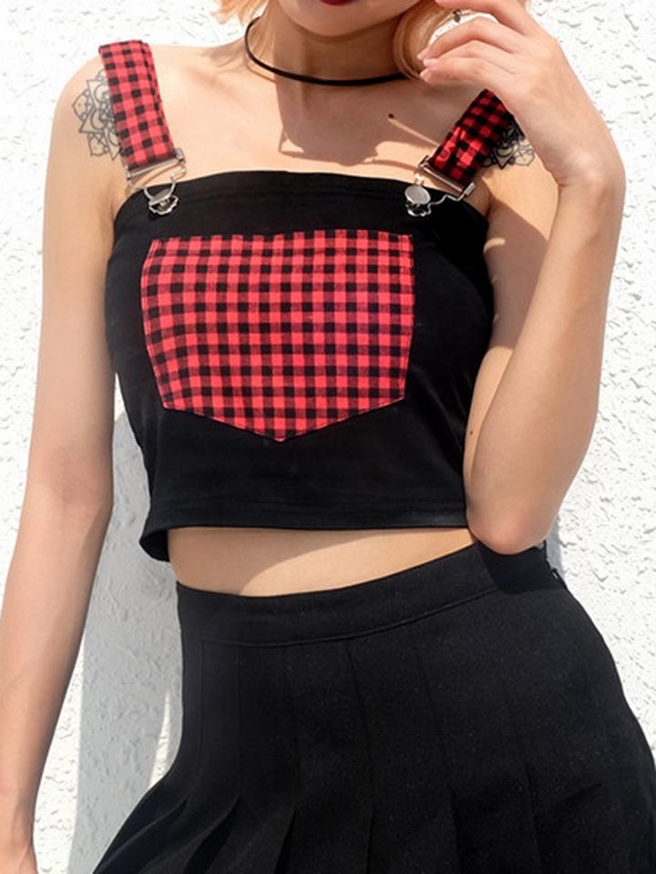 Choies Black Plaid Panel Chic Women Crop Tank Top