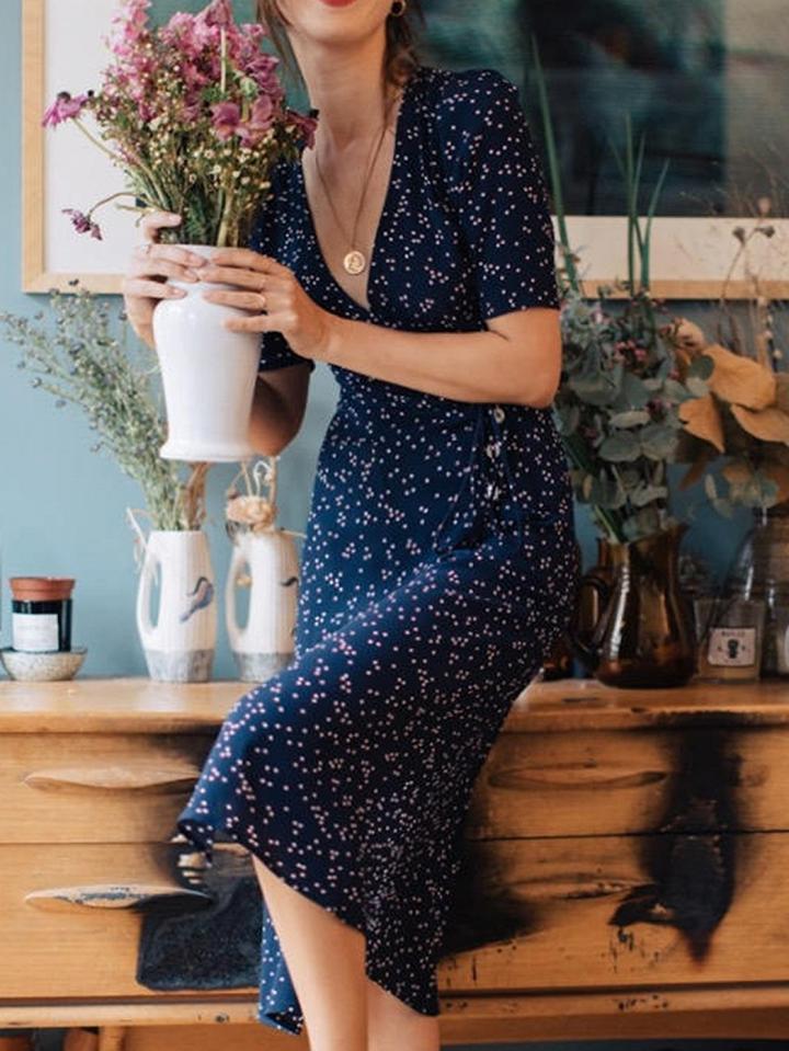 Choies Blue Cotton V-neck Polka Dot Print Tie Waist Vintage Women Midi Dress