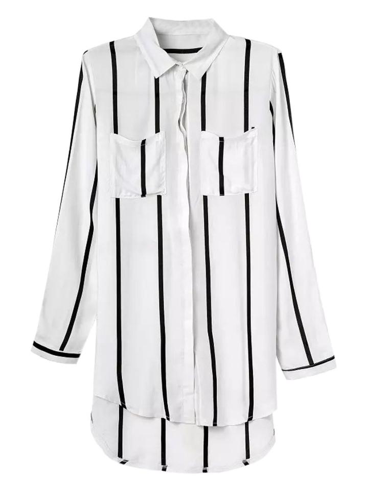 Choies White Stripe Pocket Long Sleeve Shirt