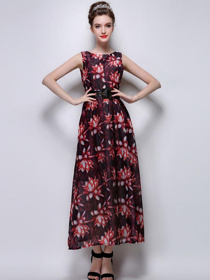 Choies Wine Red Lotus Print Round Neck Maxi Dress And Belt