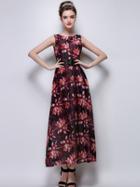Choies Wine Red Lotus Print Round Neck Maxi Dress And Belt
