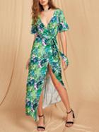 Choies Green Cotton Plunge Leaf Print Tie Waist Chic Women Maxi Dress