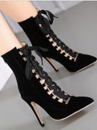Choies Black Lace Up Front Pointed Toe Chic Women Velvet Ankle Heeled Boots