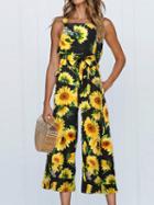 Choies Yellow Sunflower Print Tie Waist Pocket Detail Romper Jumpsuit