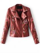 Choies Burgundy Lapel Embroidery Floral Leather Look Biker Jacket