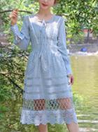 Choies Blue Tie Front Embroidery Cut Out Lace Panel Long Sleeve Dress