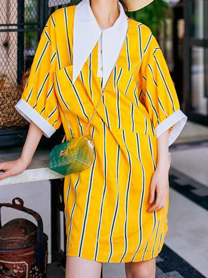 Choies Yellow Stripe Pointed Collar Pocket Detail Chic Women Mini Dress