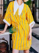 Choies Yellow Stripe Pointed Collar Pocket Detail Chic Women Mini Dress