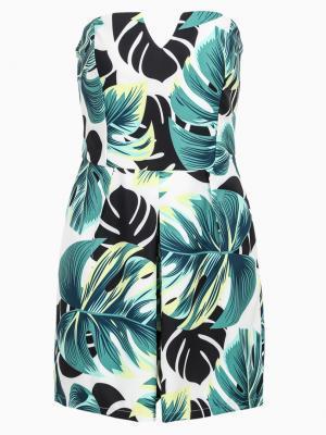 Choies Strapless Romper Playsuit In Green Leaves Print
