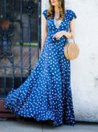 Choies Blue Plunge Polka Dot Print Thigh Split Front Chic Women Maxi Dress
