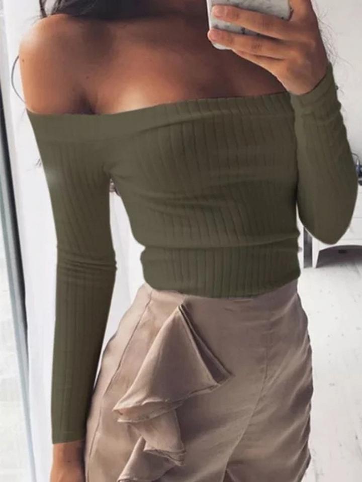Choies Army Green Off Shoulder Long Sleeve Ribbed Crop T-shirt