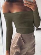 Choies Army Green Off Shoulder Long Sleeve Ribbed Crop T-shirt