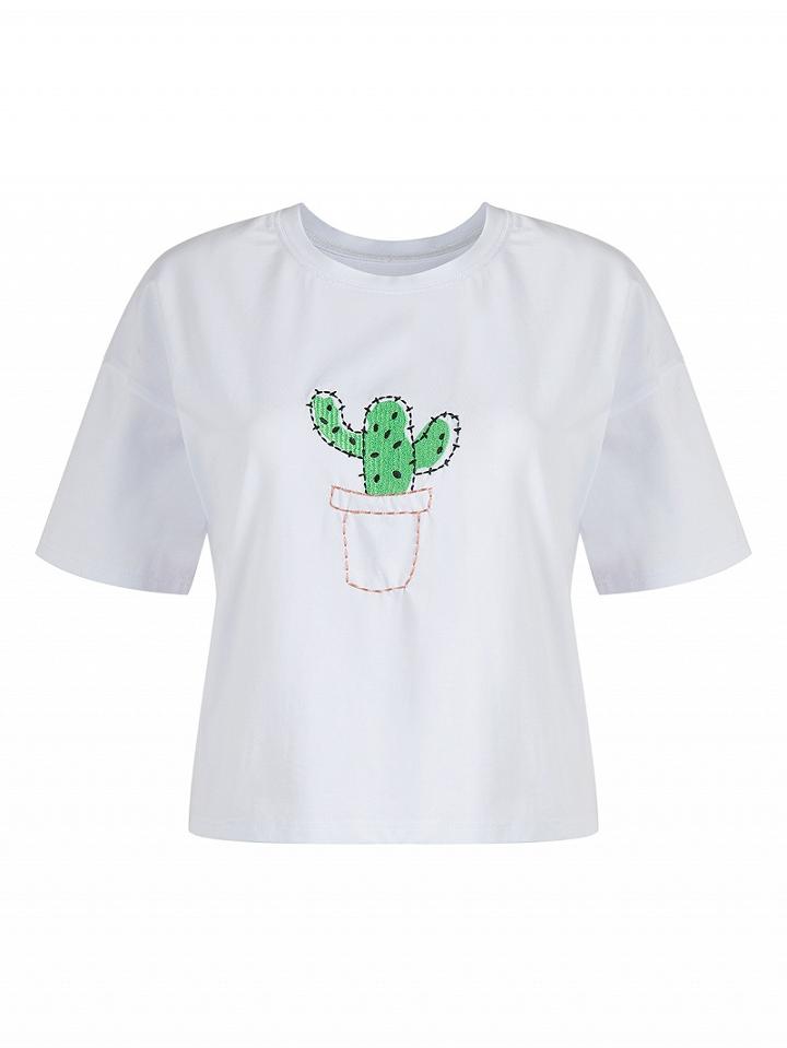 Choies White Cactus Embroidery Short Sleeve T-shirt