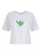 Choies White Cactus Embroidery Short Sleeve T-shirt