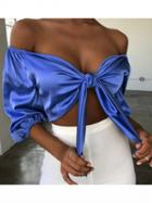 Choies Blue Off Shoulder V-neck Tie Front Puff Sleeve Women Crop Top