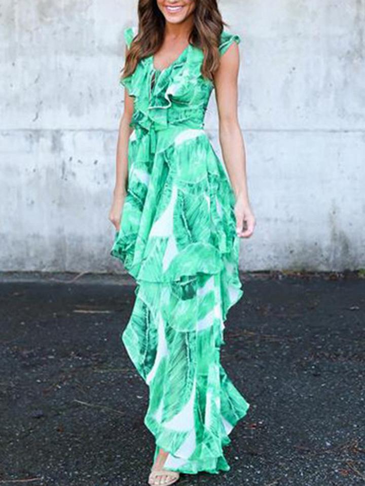 Choies Green Chiffon V-neck Leaf Print Ruffle Trim Chic Women Maxi Dress