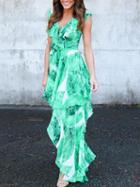 Choies Green Chiffon V-neck Leaf Print Ruffle Trim Chic Women Maxi Dress