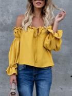Choies Yellow Off Shoulder Bow Tie Front Long Sleeve Blouse