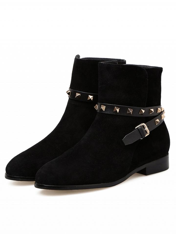 Choies Black Suede Stud Buckle Strap Ankle Boots