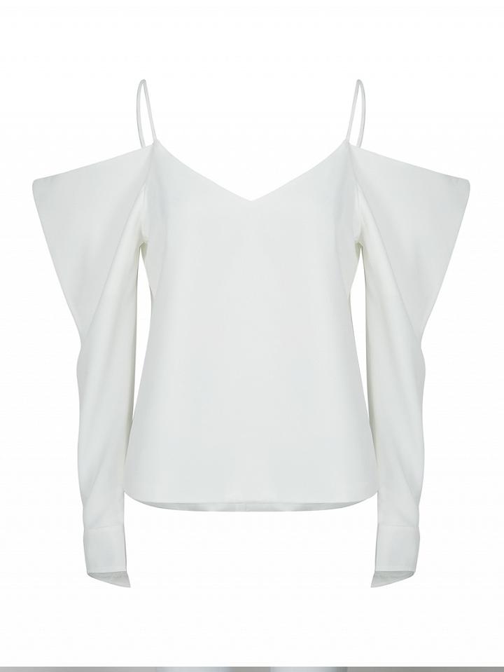 Choies White V-neck Cold Shoulder Spaghetti Strap Long Sleeve Blouse