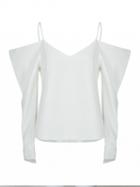 Choies White V-neck Cold Shoulder Spaghetti Strap Long Sleeve Blouse