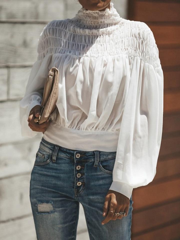 Choies White Chiffon High Neck Puff Sleeve Chic Women Crop Blouse