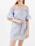 Choies Blue Stripe Off Shoulder Tie Waist Flared Sleeve Mini Dress