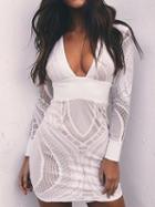 Choies White Plunge Long Sleeve Bodycon Lace Mini Dress