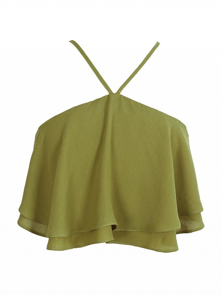Choies Olive Green Chiffon Layered Ruffle Halter Top