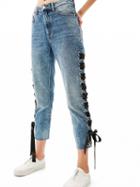 Choies Blue High Waist Lace Up Detail Raw Hem Cropped Jeans