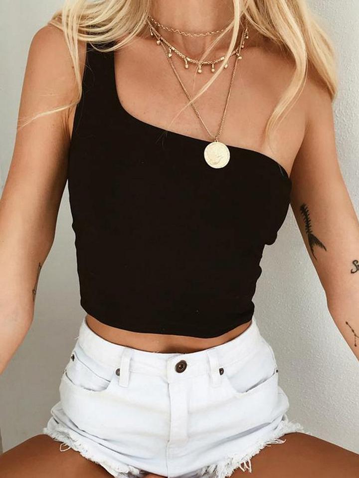 Choies Black One Shoulder Chic Women Crop Tank Top