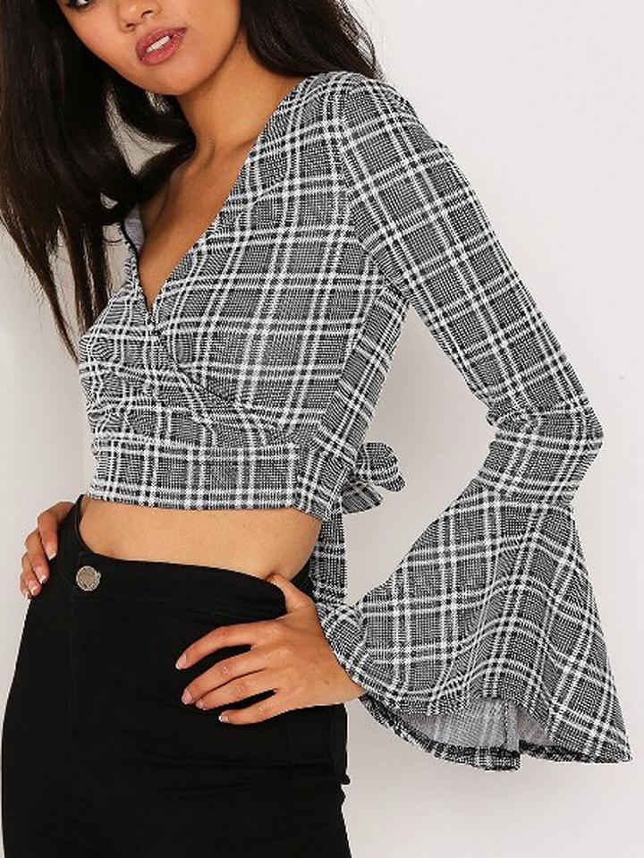 Choies Gray Plaid Tie Back Flare Sleeve Crop Top