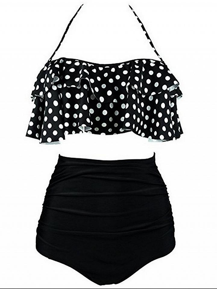 Choies Black Halter Polka Dot Print Bikini Top And High Waist Bottom