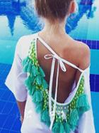 Choies White Backless Tassel Detail Ruffle Hem Beach Cover Up Mini Dress