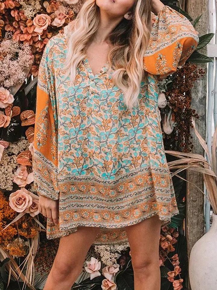 Choies Polychrome Cotton V-neck Folk Print Chic Women Mini Dress