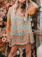 Choies Polychrome Cotton V-neck Folk Print Chic Women Mini Dress