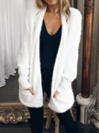 Choies White Open Front Pocket Detail Long Sleeve Fluffy Cardigan