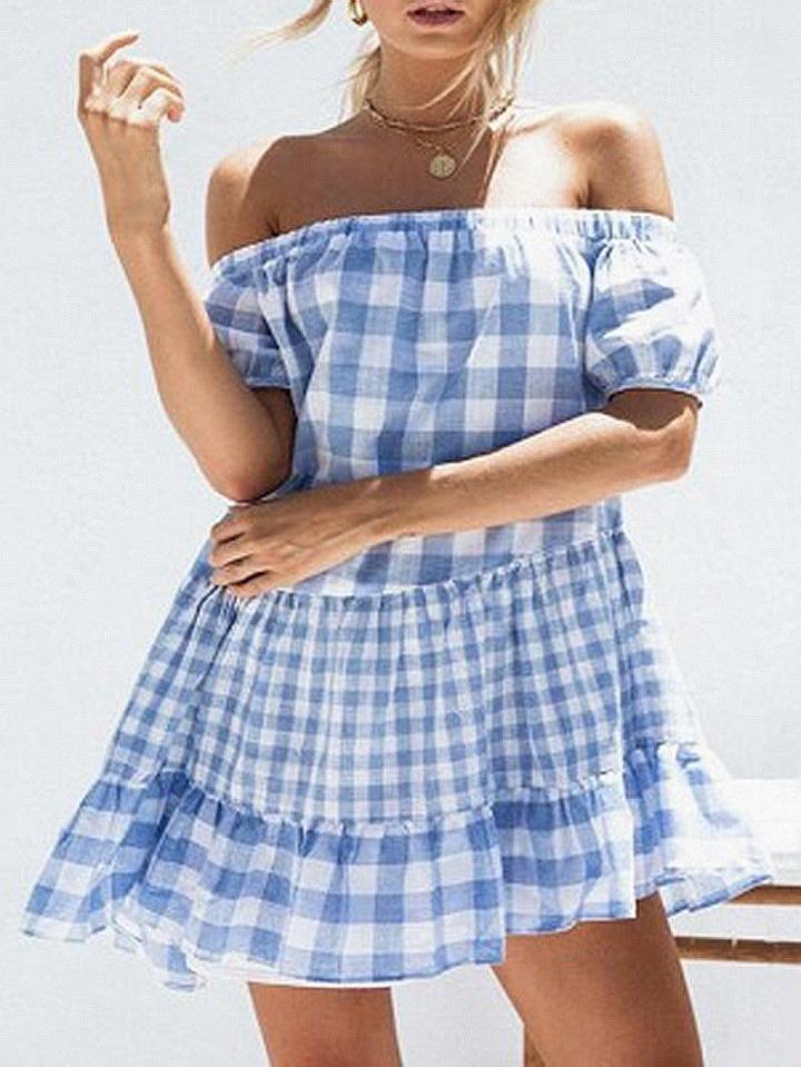 Choies Light Blue Plaid Off Shoulder Ruffle Hem Puff Sleeve Mini Dress
